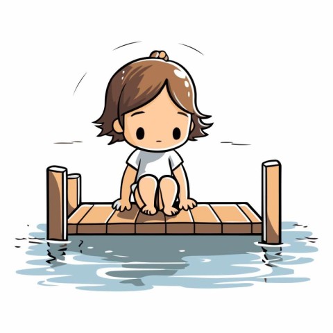 little girl sitting on a wooden jetty in the water vector illust