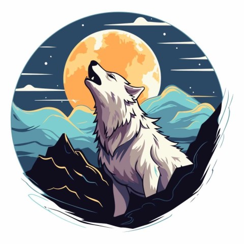 Wolf on the background of the moon and mountains.