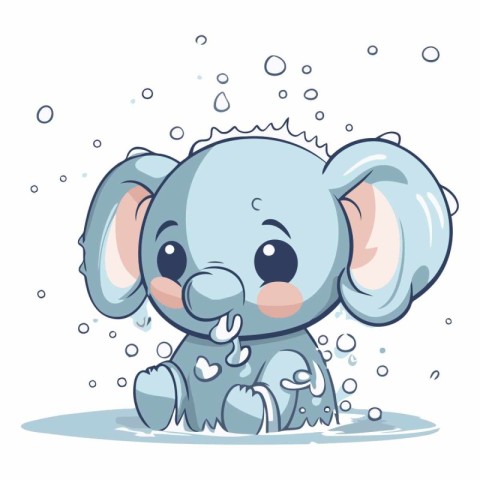 Cute cartoon elephant in the rain on white background.