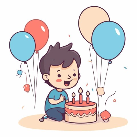 Cute boy with birthday cake and balloons in cartoon style.