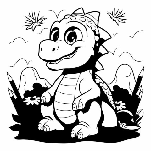 Black and white illustration of a dinosaur sitting on the grass