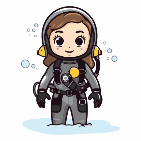 Cute cartoon cosmonaut girl in space suit.