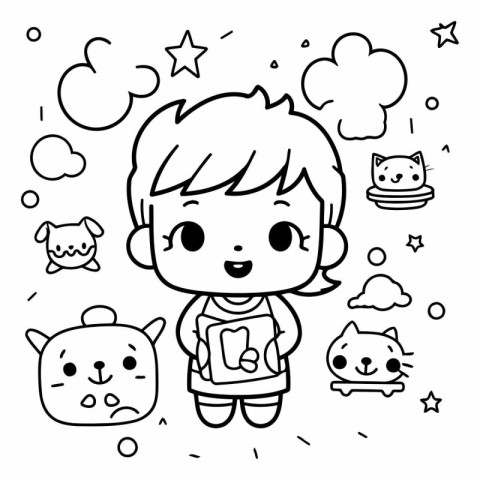 cute little boy with cat. dog and cat vector illustration design