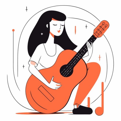 Vector illustration of a girl with a guitar. Flat style design.