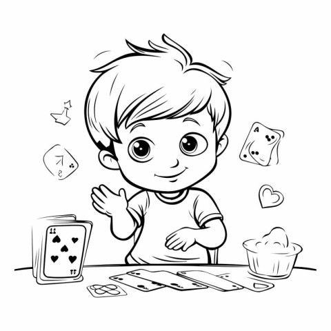 Cute little boy playing card games. Black and white vector illus