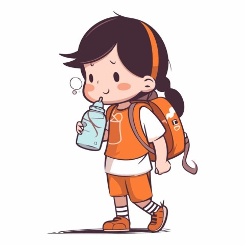 Cute little schoolgirl with backpack and water bottle.