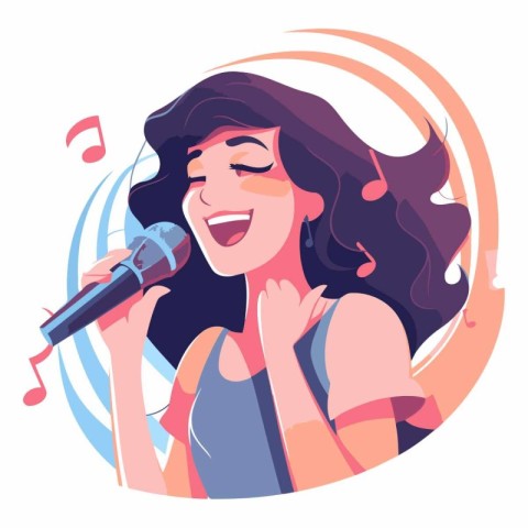 Cute girl singing karaoke in cartoon style