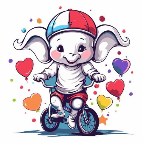 Cute elephant riding a tricycle with heart shaped balloons.