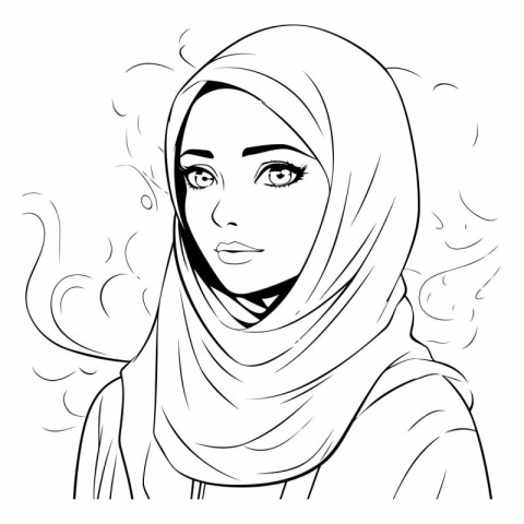 Arabic woman in hijab. Black and white vector illustration for c