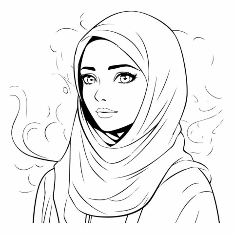 Arabic woman in hijab. Black and white vector illustration for c