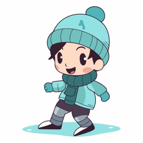 Cute cartoon boy in winter clothes playing ice skating.