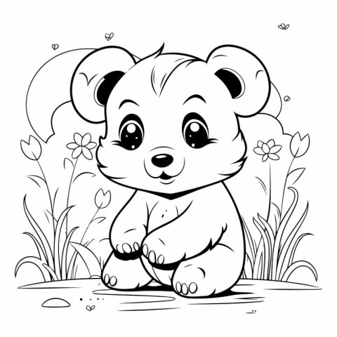 Coloring book for children: cute little bear sitting in the gras