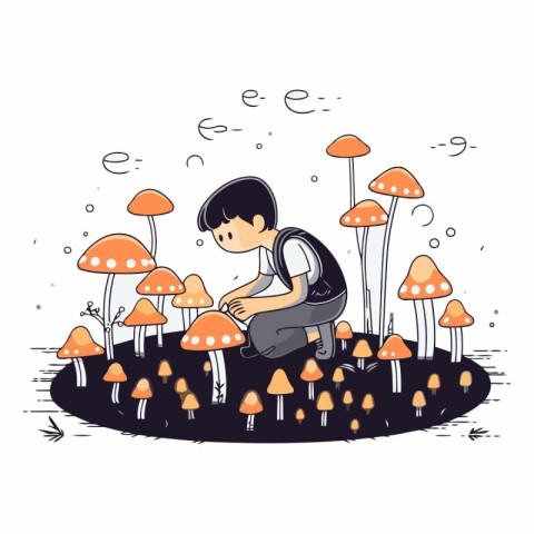 Little boy sitting on the mushroom field in cartoon style.