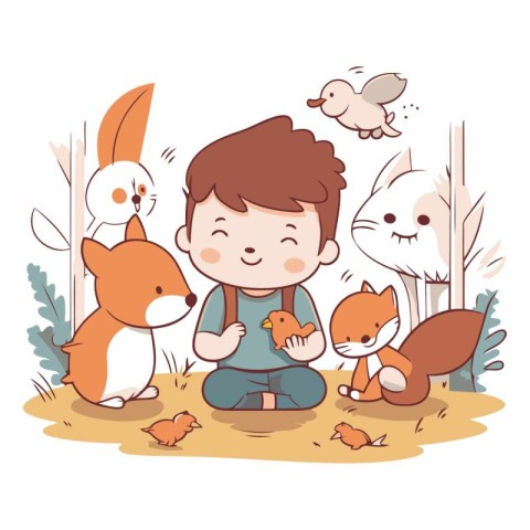 cute little boy with fox and rabbit in the garden vector illustr