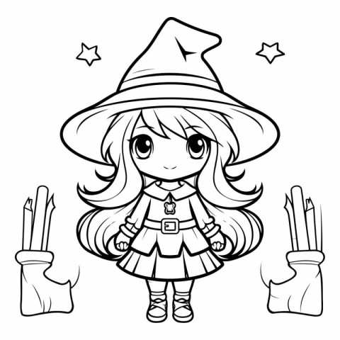 Black and White Cartoon Illustration of Cute Little Witch Girl C