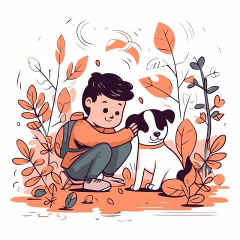 Cute boy sitting in the autumn park with his dog.