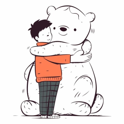 Cute little boy hugging a big polar bear.