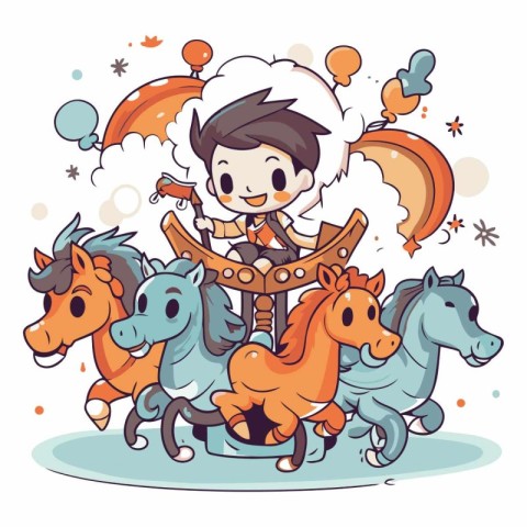 Cartoon illustration of a boy riding a horse with his friends.