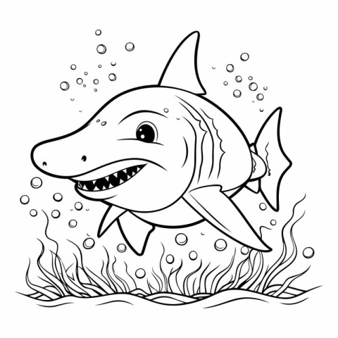 Black and White Cartoon Illustration of Cute Shark Animal Charac