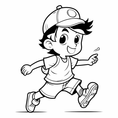 Running Boy - Black and White Cartoon Illustration of a Kid Runn