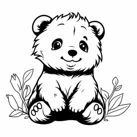 Cute cartoon bear sitting with flowers and leaves.