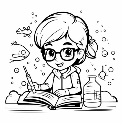 Girl in glasses reading a book. Black and white vector illustrat