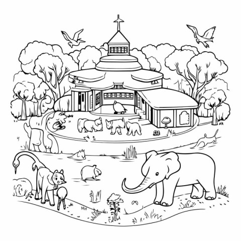 Outline of a Chinese temple with animals and birds