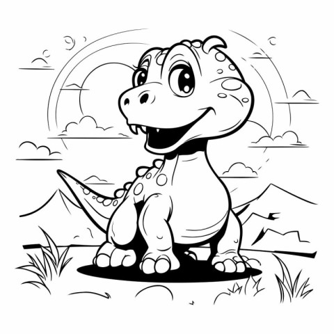 Cute cartoon dinosaur sitting on the grass for coloring book.