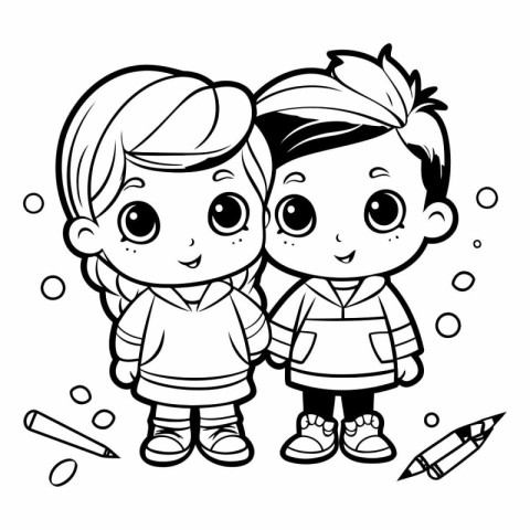 Coloring Page Outline Of cartoon boy and girl with pencils