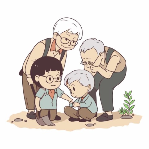 Grandparents helping their grandson to dig the soil.