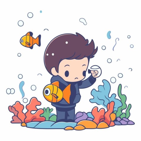 Cute little boy in a diving suit holding a fish.