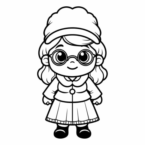 Black and White Cartoon Illustration of Cute Little Girl Wearing