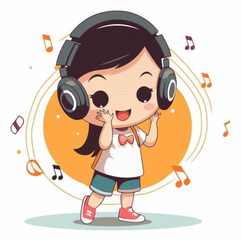 Cute girl listening to music with headphones. Vector cartoon ill