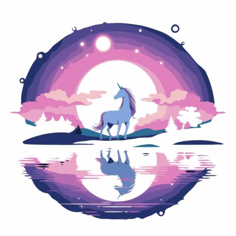 Horse on the lake with moon and clouds vector illustration graph