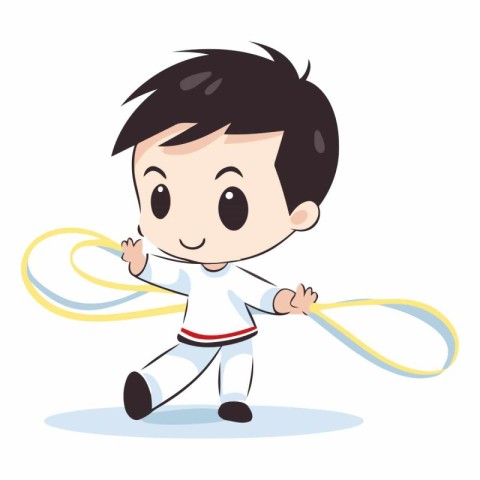 Karate boy with a skipping rope on white background.