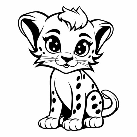 Cute Cartoon Cheetah - Black and White Vector Illustration