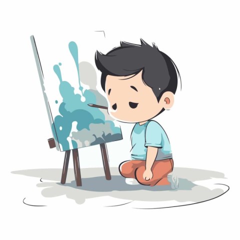 Cute cartoon boy painting a picture on the canvas.