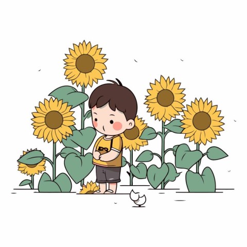 Cute little boy with sunflowers in cartoon style.