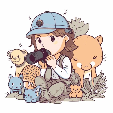 Cute girl with binoculars and animals.