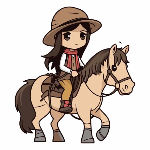 Illustration of a Cute Girl Wearing a Cowboy Hat and Riding a Ho