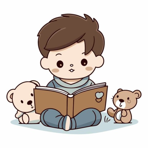 Little boy reading a book with his teddy bears.