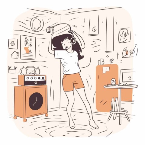 Vector illustration of a young woman in the morning at home. Car