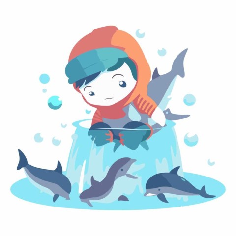 Cute little boy with a bucket of water and dolphins.