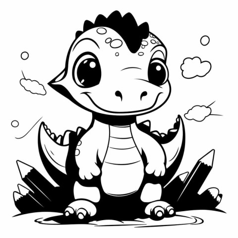 Black and White Cartoon Illustration of Cute Dinosaur Coloring B