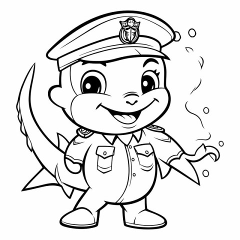 Black and White Cartoon Illustration of Cute Little Police Capta