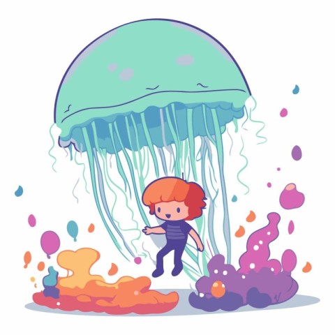 Cartoon little boy swimming under the jellyfish.