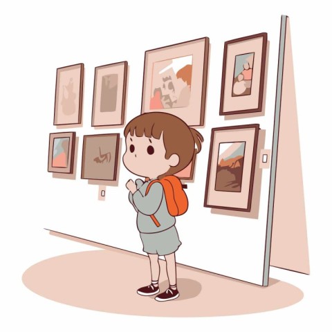 Illustration of a Little Boy Showing His Artworks in Art Gallery