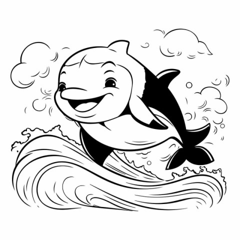 Black and White Cartoon Illustration of Cute Dolphin Mascot Char