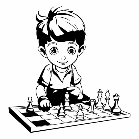 Little boy playing chess. Black and white vector illustration fo