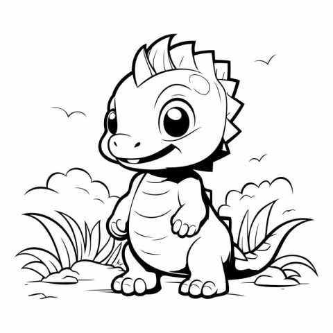 Cute Cartoon Dinosaur - Black and White Cartoon Illustration. Ve